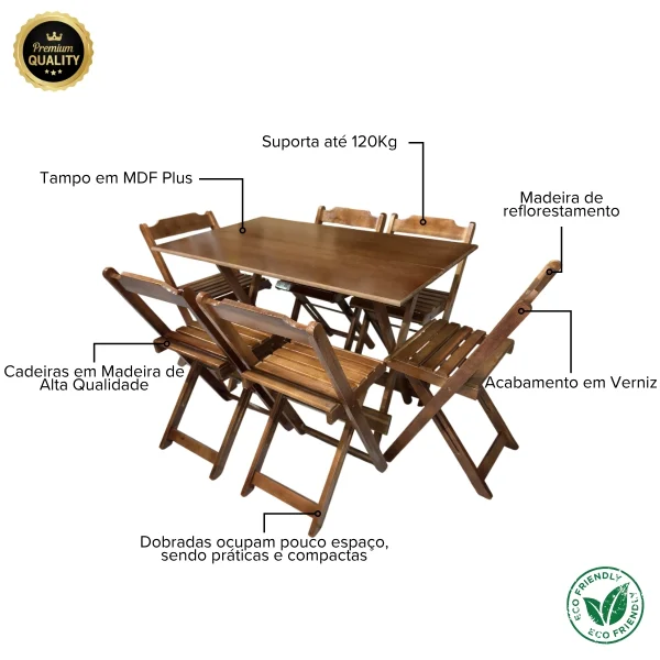 Conjunto Mesa de MDF 120x70 com 6 Cadeiras Dobráveis