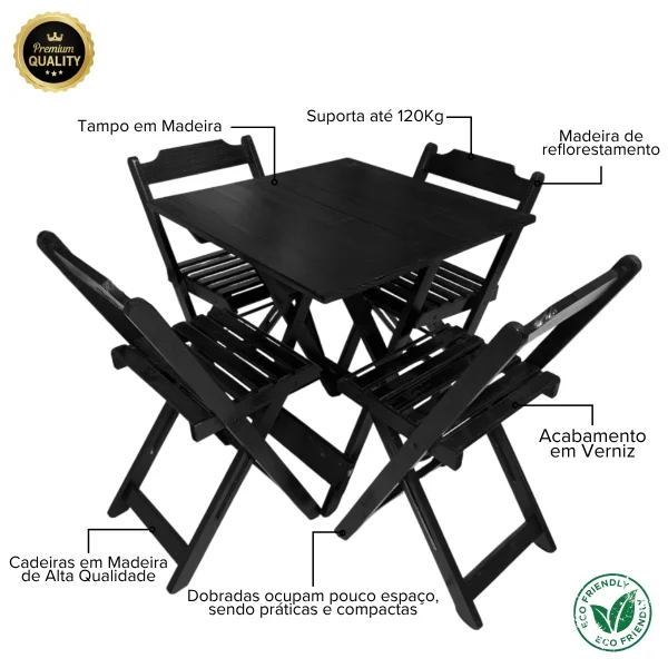 Mesa Dobrável 70x70 (Tampo Madeira) com 4 Cadeiras Retrátil